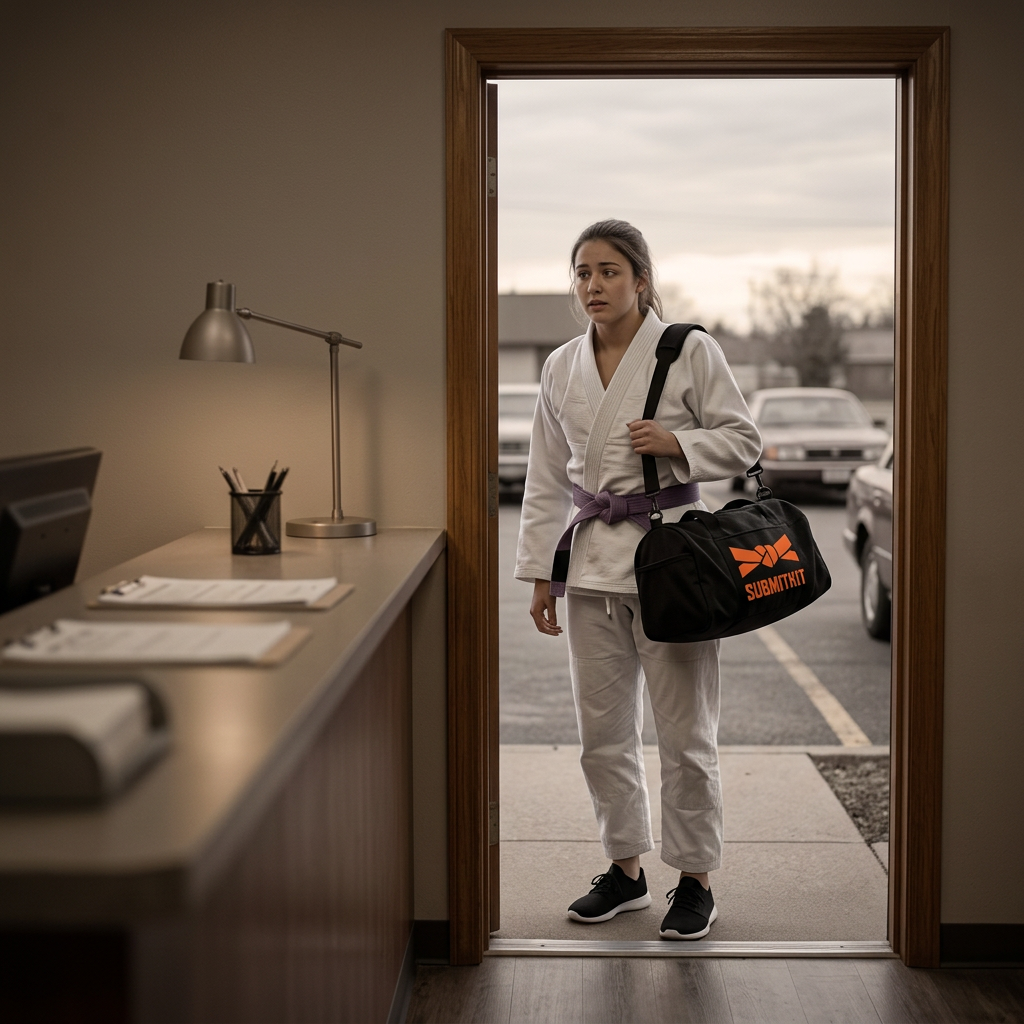 A BJJ practitioner stepping back through the gym door after time away