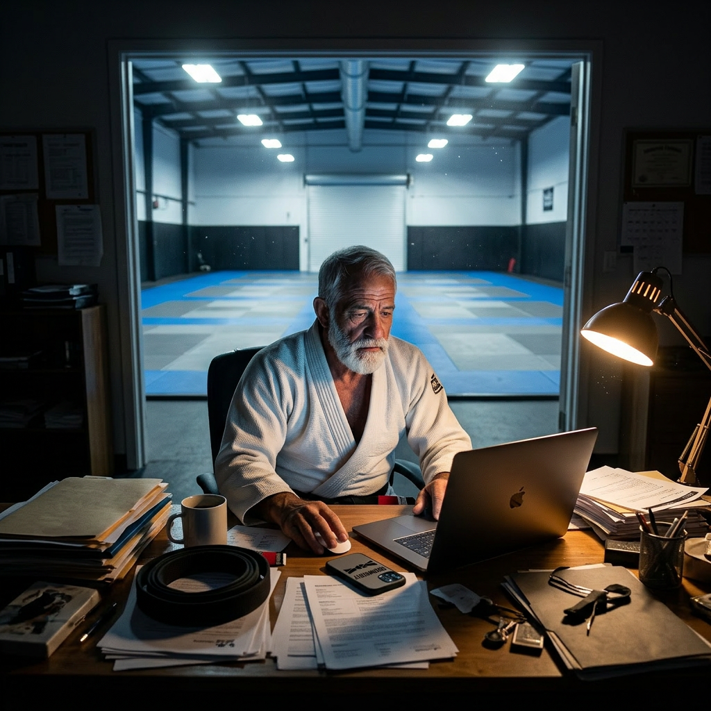 BJJ gym owner at desk late at night, gi still on, blue jiu-jitsu mats lit through the doorway behind him