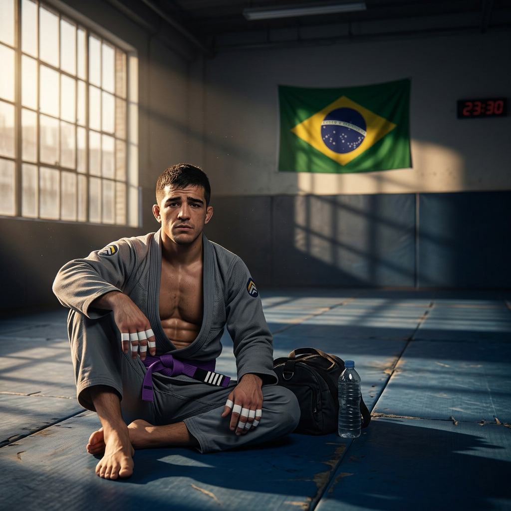 BJJ grappler sitting alone on the mats after practice